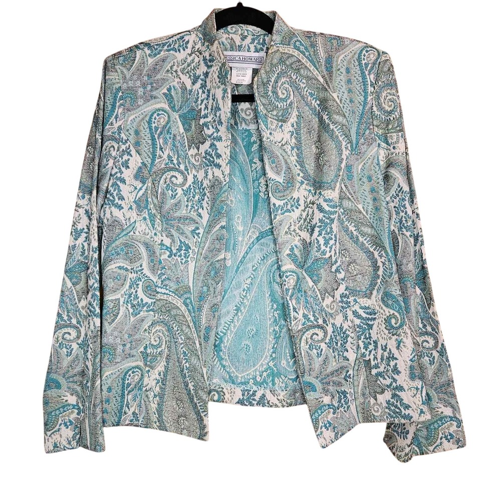 Vintage Jessica Howard Teal Paisley Tapestry Open Front Jacket‎ Blazer Size 8
